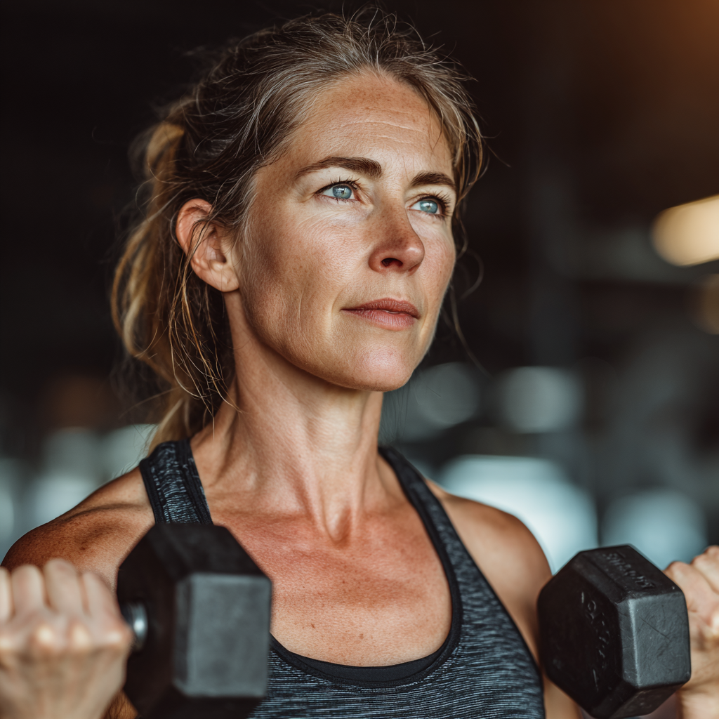 Active mature woman in her 40s performing strength training exercises with dumbbells in a modern fitness environment, showing determination and focus during her workout routine