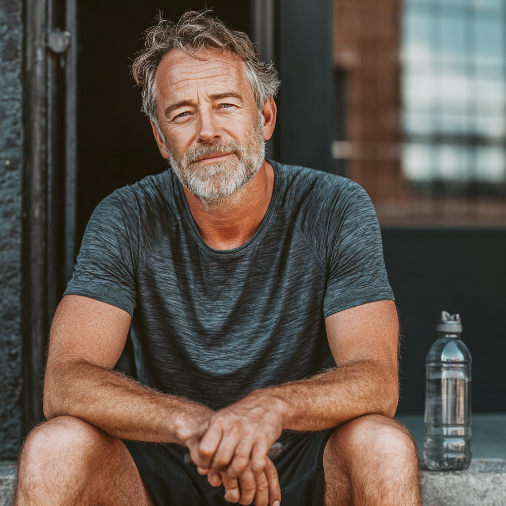 Confident mature man in his 50s in athletic wear taking a break from his fitness routine, showing satisfaction and accomplishment after completing his personalized workout session